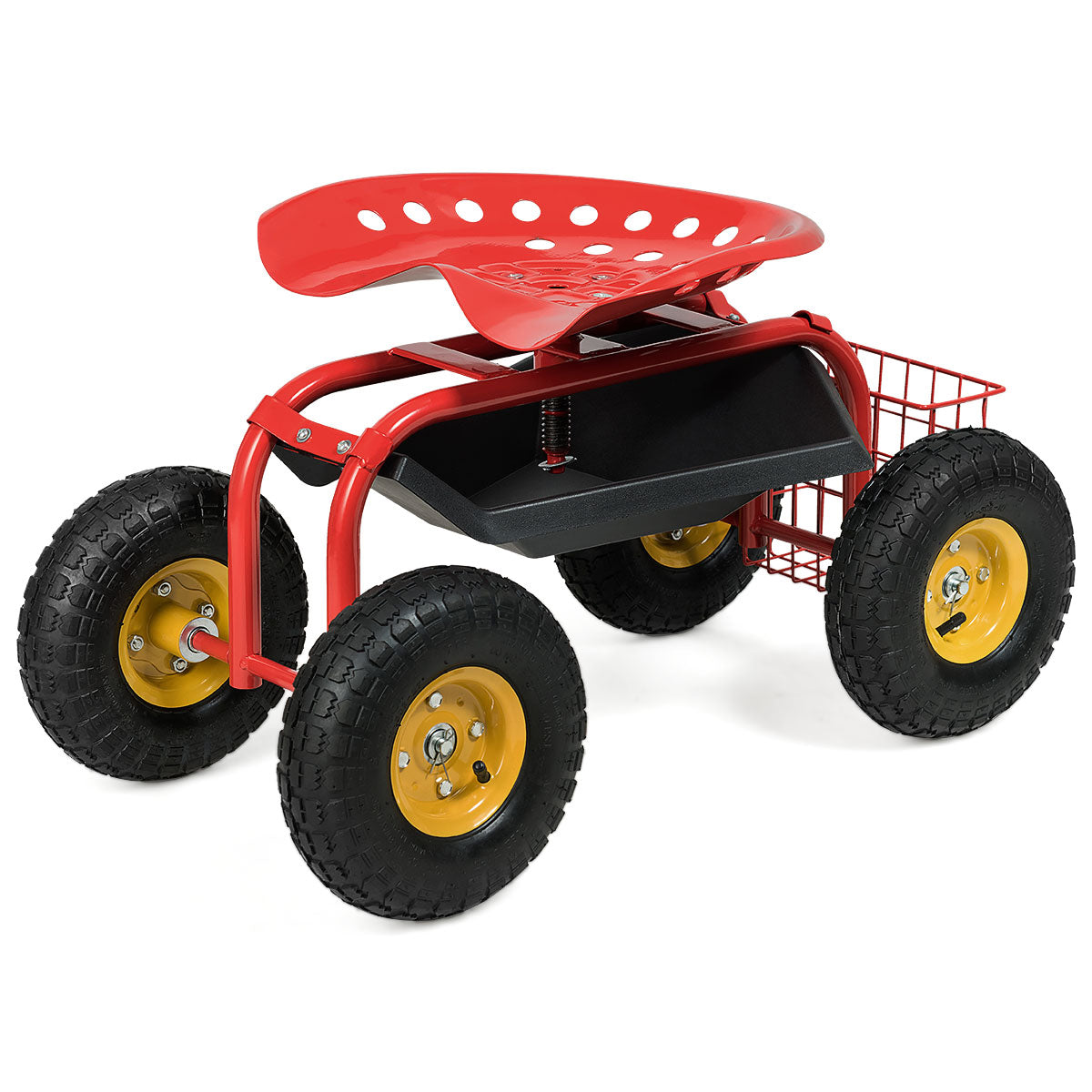 LIVSK Verrijdbare Tuinstoel - Verstelbare Hoogte - 360° Draaibaar - Gereedschapsbak - Tot 150 kg - Rood