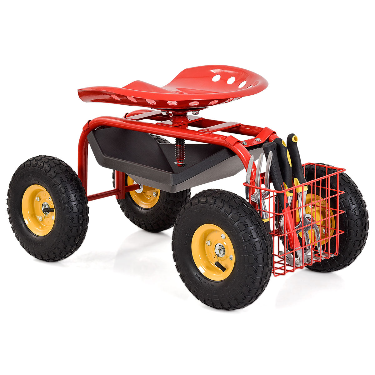 LIVSK Verrijdbare Tuinstoel - Verstelbare Hoogte - 360° Draaibaar - Gereedschapsbak - Tot 150 kg - Rood
