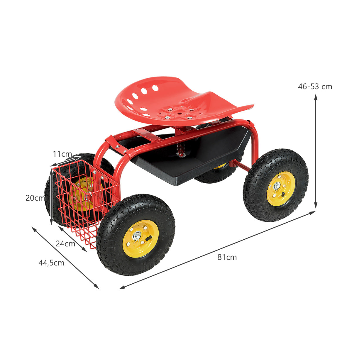 LIVSK Verrijdbare Tuinstoel - Verstelbare Hoogte - 360° Draaibaar - Gereedschapsbak - Tot 150 kg - Rood