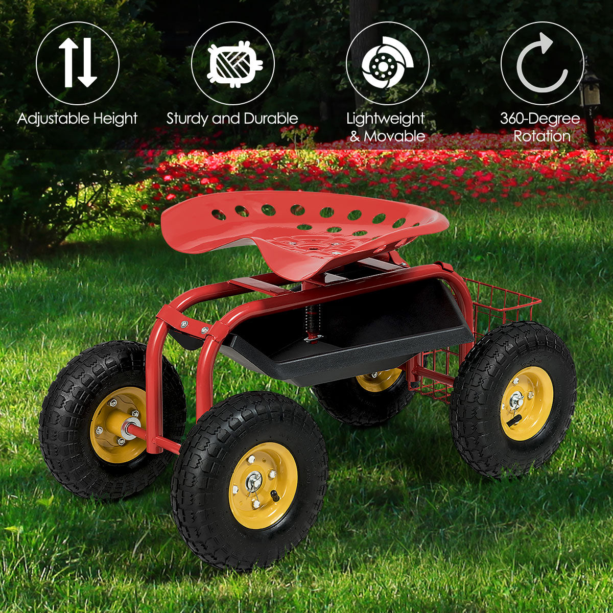 LIVSK Verrijdbare Tuinstoel - Verstelbare Hoogte - 360° Draaibaar - Gereedschapsbak - Tot 150 kg - Rood