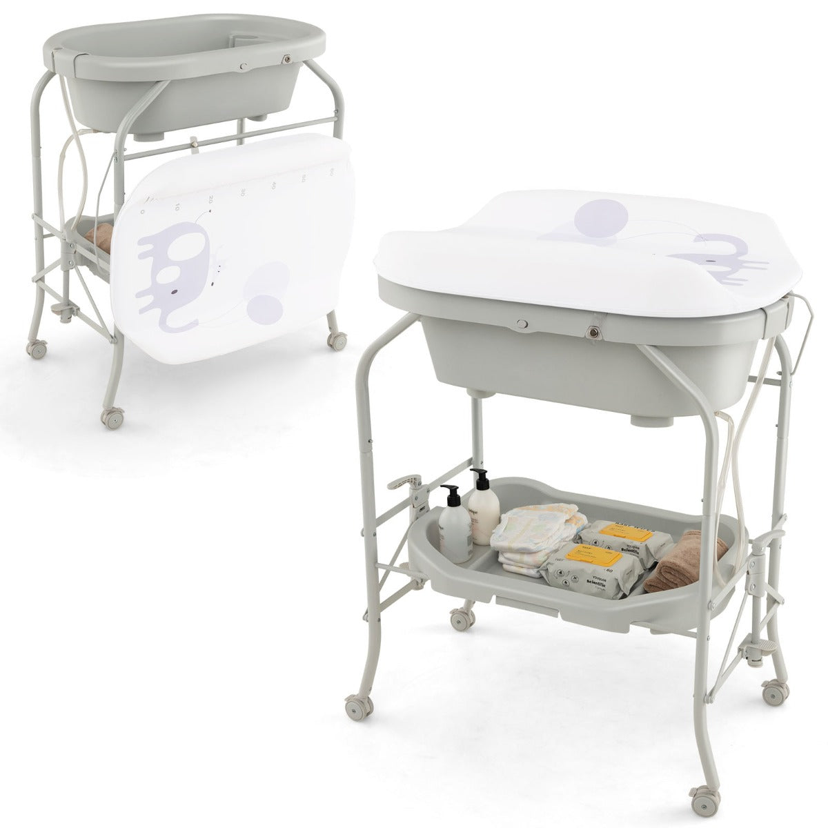 LIVSK Opvouwbare Babyverschoontafel met Badkuip - 4-in-1 Ontwerp - Handige Opbergvakken - Vergrendelbare Wielen - Beige/Grijs