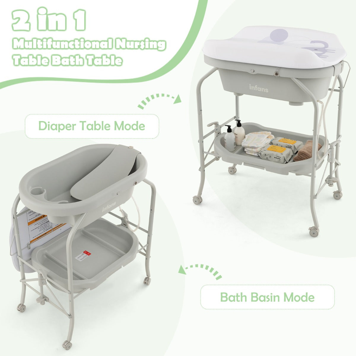 LIVSK Opvouwbare Babyverschoontafel met Badkuip - 4-in-1 Ontwerp - Handige Opbergvakken - Vergrendelbare Wielen - Beige/Grijs
