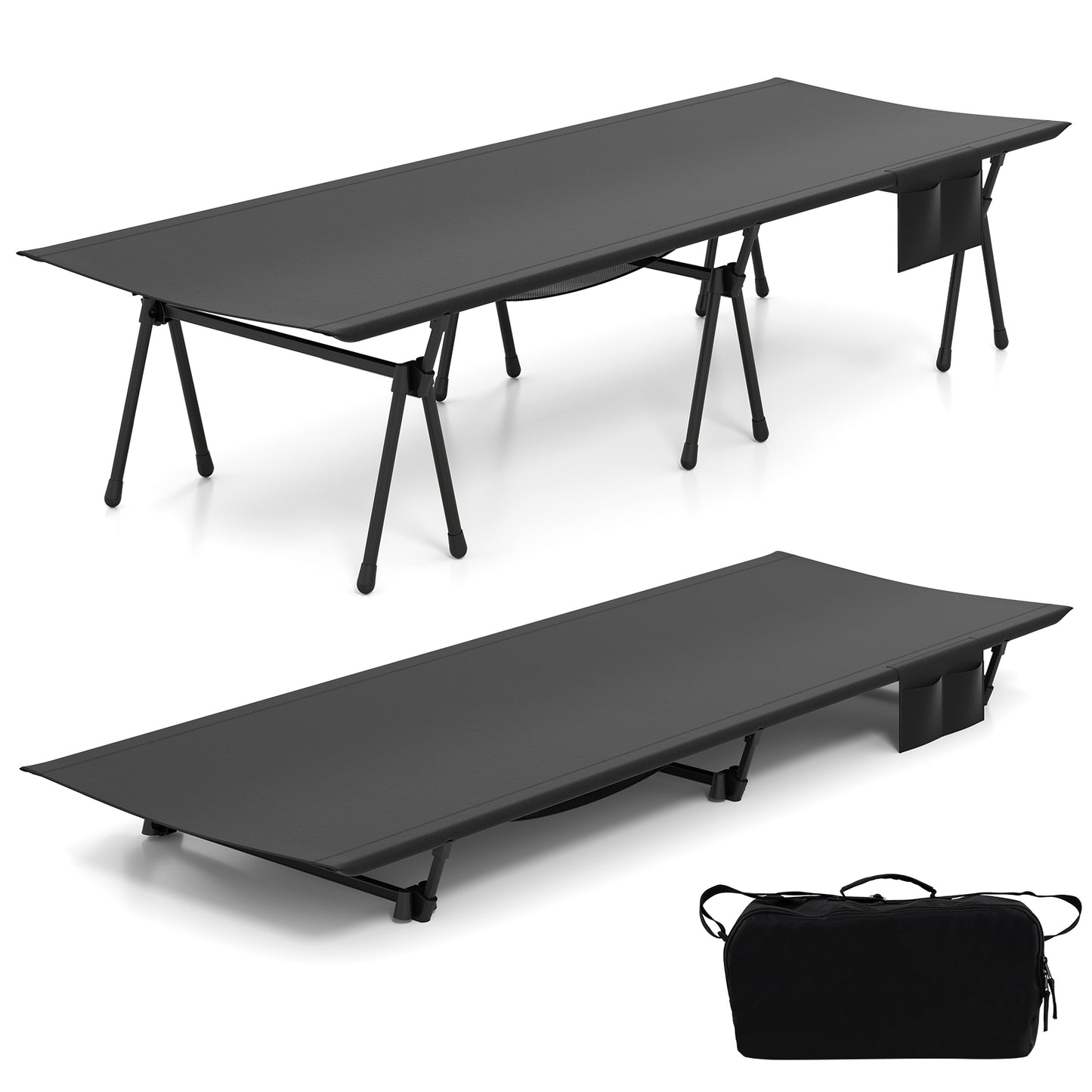 LIVSK Verstelbaar Campingbed - Hoogte tot 40,5 cm - Robuust Vliegtuigaluminium - Inclusief Draagtas - Tot 150 kg - Zwart