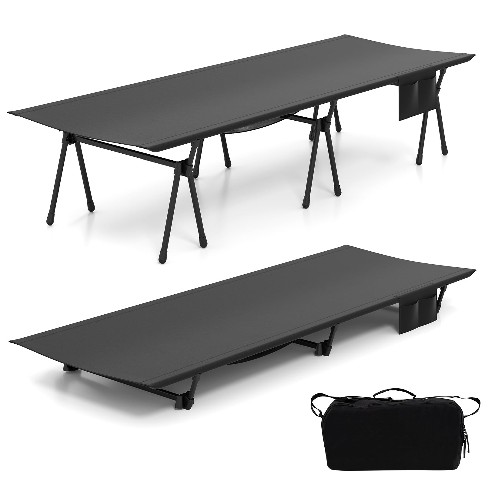LIVSK Verstelbaar Campingbed - Hoogte tot 40,5 cm - Robuust Vliegtuigaluminium - Inclusief Draagtas - Tot 150 kg - Zwart