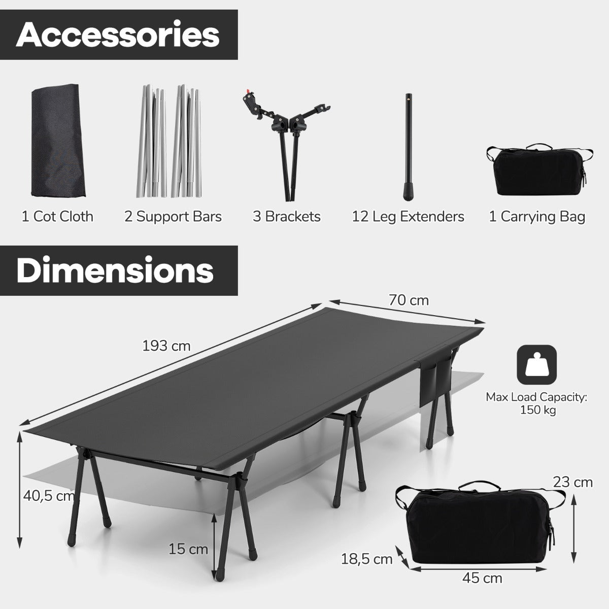 LIVSK Verstelbaar Campingbed - Hoogte tot 40,5 cm - Robuust Vliegtuigaluminium - Inclusief Draagtas - Tot 150 kg - Zwart