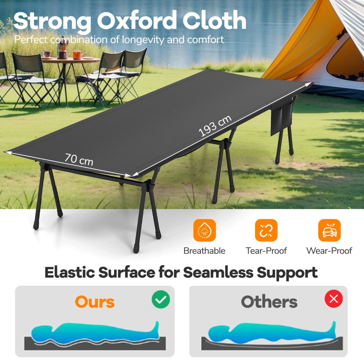 LIVSK Verstelbaar Campingbed - Hoogte tot 40,5 cm - Robuust Vliegtuigaluminium - Inclusief Draagtas - Tot 150 kg - Zwart