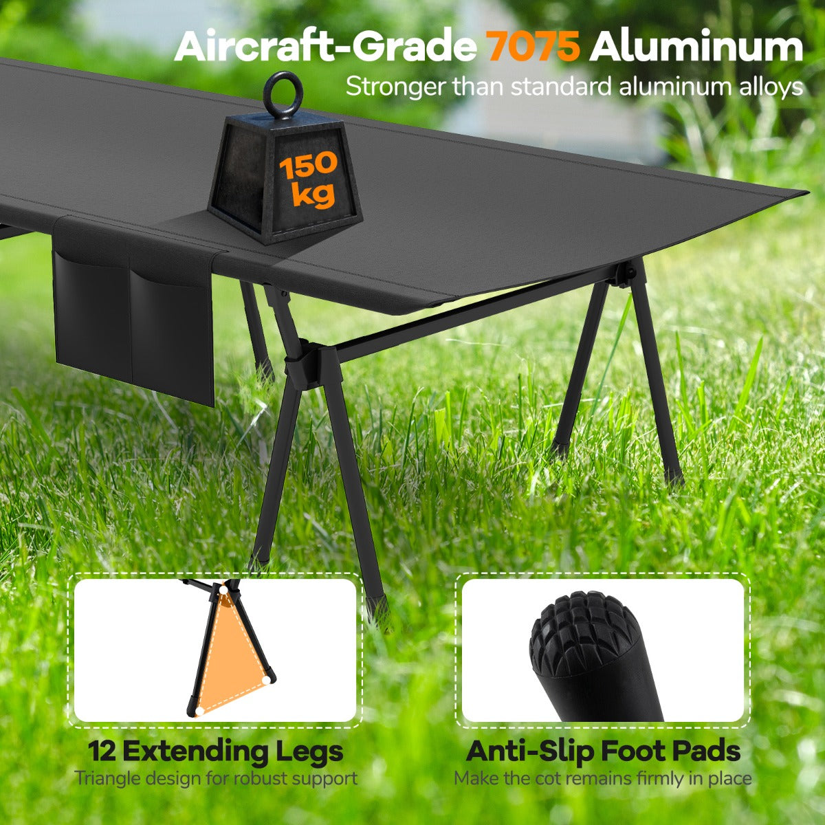 LIVSK Verstelbaar Campingbed - Hoogte tot 40,5 cm - Robuust Vliegtuigaluminium - Inclusief Draagtas - Tot 150 kg - Zwart