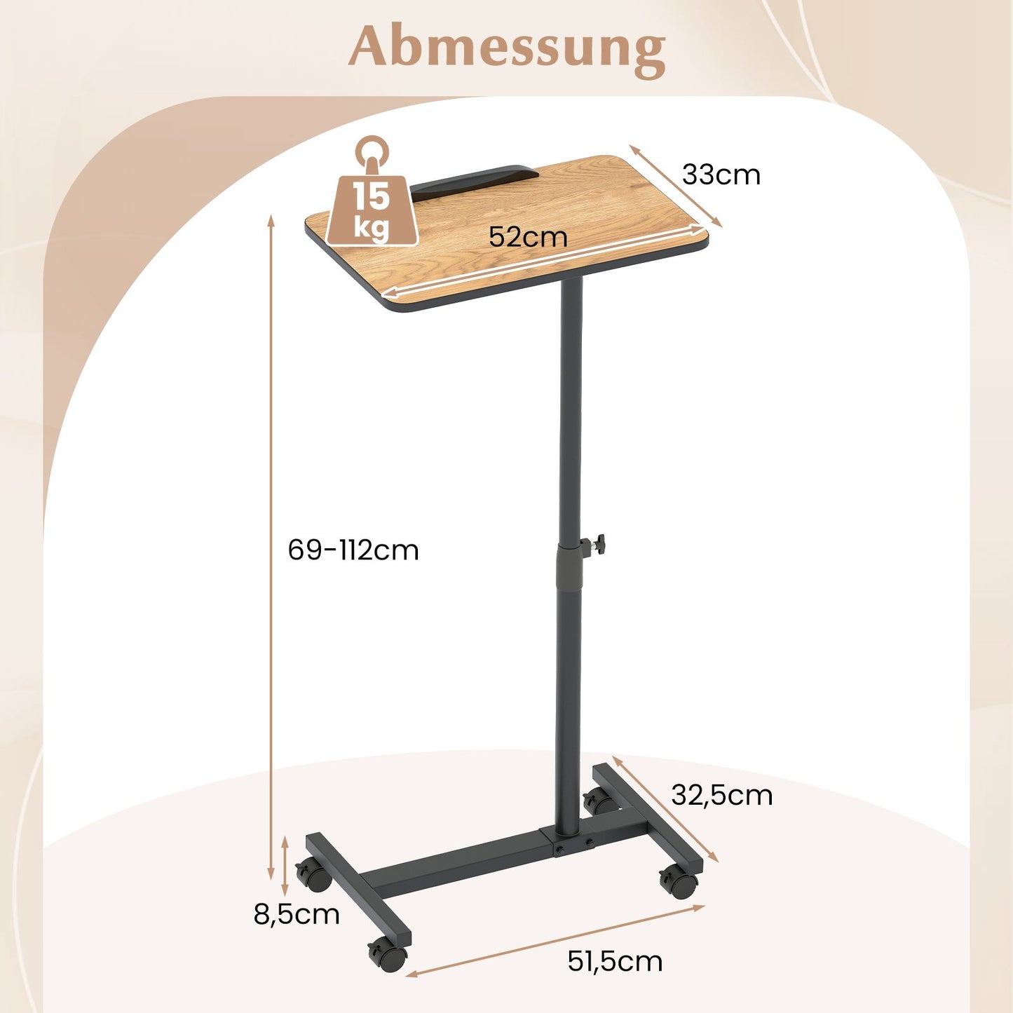 LIVSK C-vormige bijzettafel - In hoogte verstelbaar 69-112 cm - 360° draaibaar - Ruimtebesparend - Metaal en MDF - Bruin + Zwart