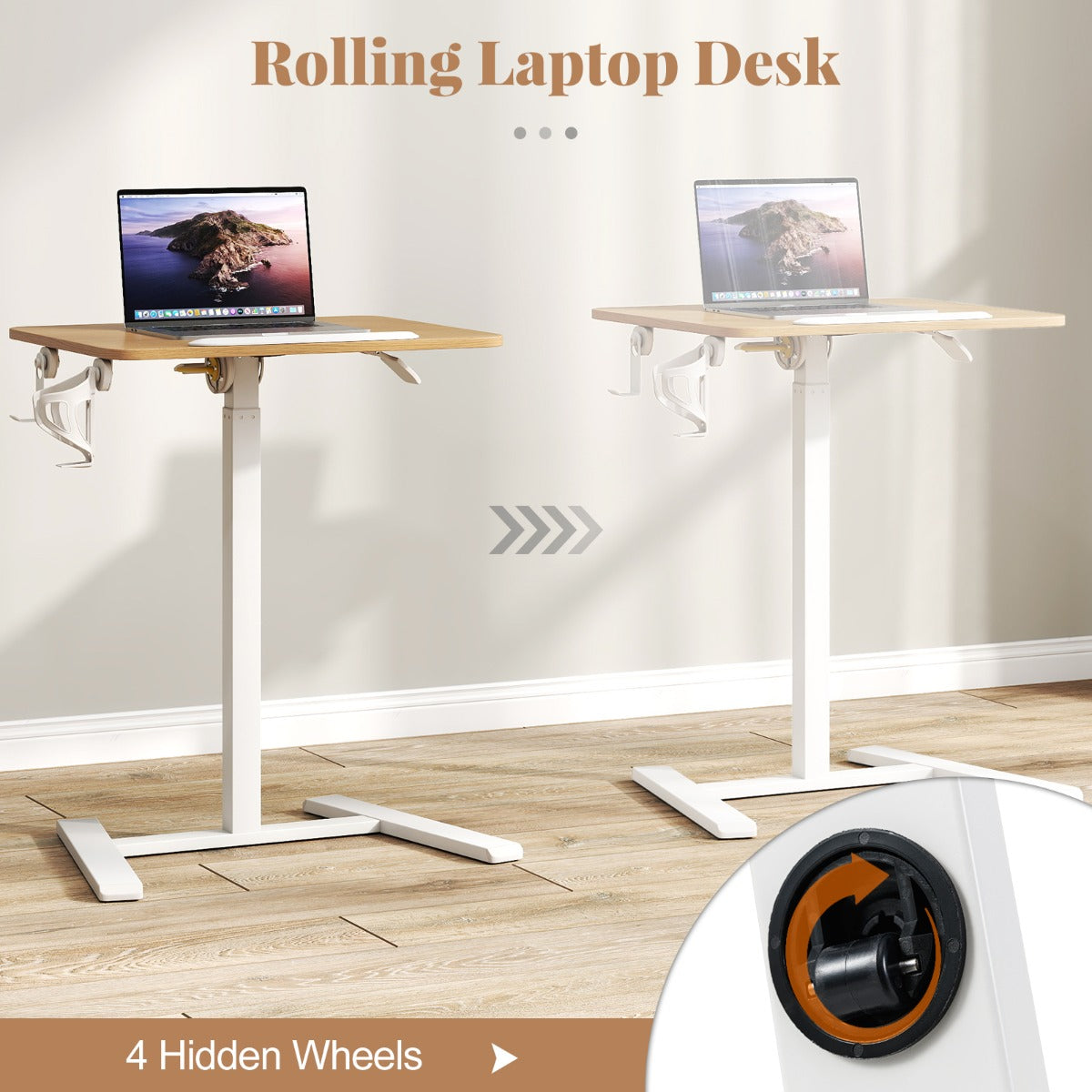 LIVSK Verstelbare Laptoptafel - Kantelbaar Tafelblad - In Hoogte Verstelbaar - Opklapbaar met Verborgen Wielen - Natuur