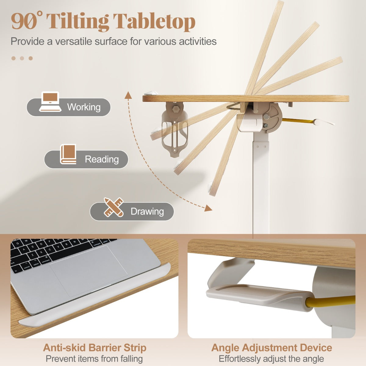 LIVSK Verstelbare Laptoptafel - Kantelbaar Tafelblad - In Hoogte Verstelbaar - Opklapbaar met Verborgen Wielen - Natuur