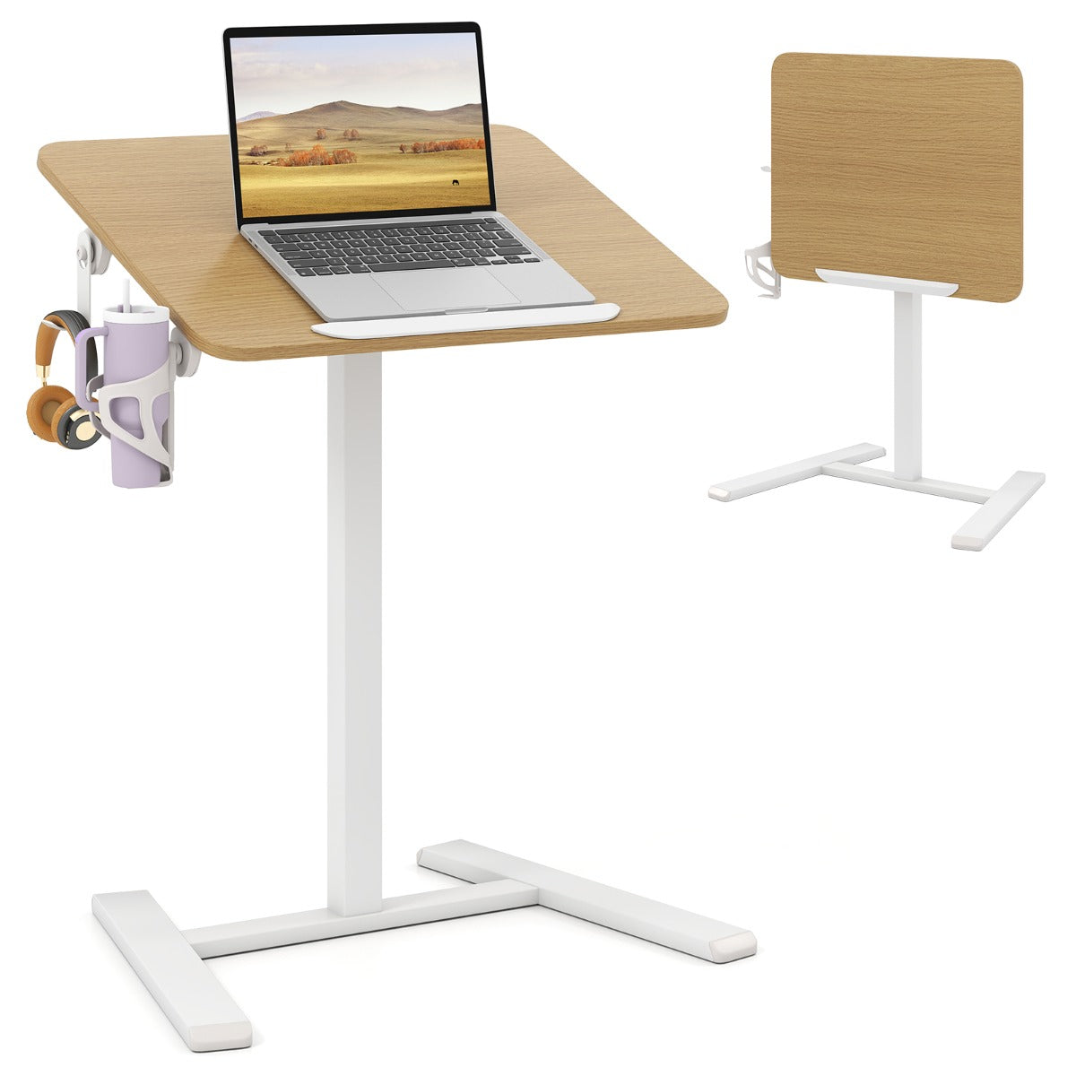 LIVSK Verstelbare Laptoptafel - Kantelbaar Tafelblad - In Hoogte Verstelbaar - Opklapbaar met Verborgen Wielen - Natuur