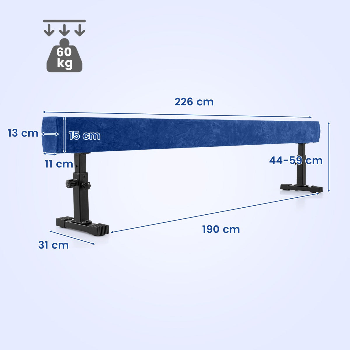 Livsk costway verstelbare evenwichtsbalk 226 cm hoge en lage gymnastiekbalk met 3 hoogtes blauw