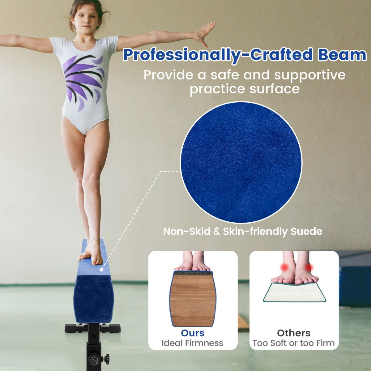Livsk costway verstelbare evenwichtsbalk 226 cm hoge en lage gymnastiekbalk met 3 hoogtes blauw