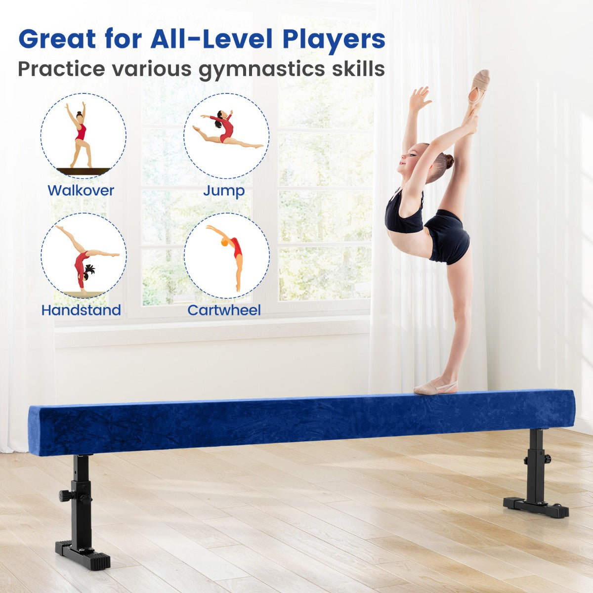Livsk costway verstelbare evenwichtsbalk 226 cm hoge en lage gymnastiekbalk met 3 hoogtes blauw