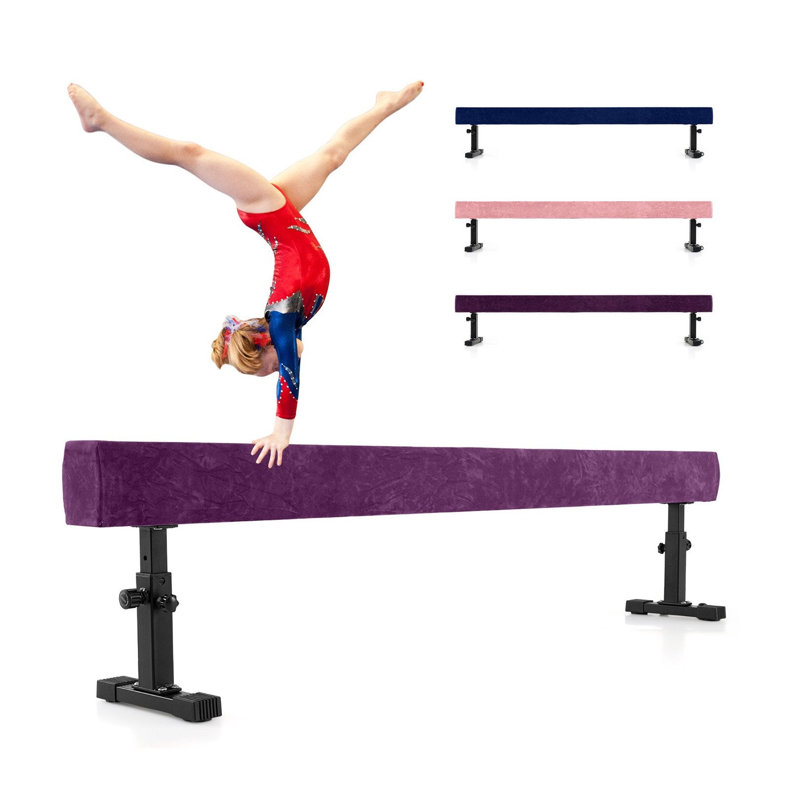 LIVSK Verstelbare Evenwichtsbalk 226 cm - 3 Hoogtes tot 59 cm - Stevige EVA-schuim en Suède Bekleding - 100 kg - Paars