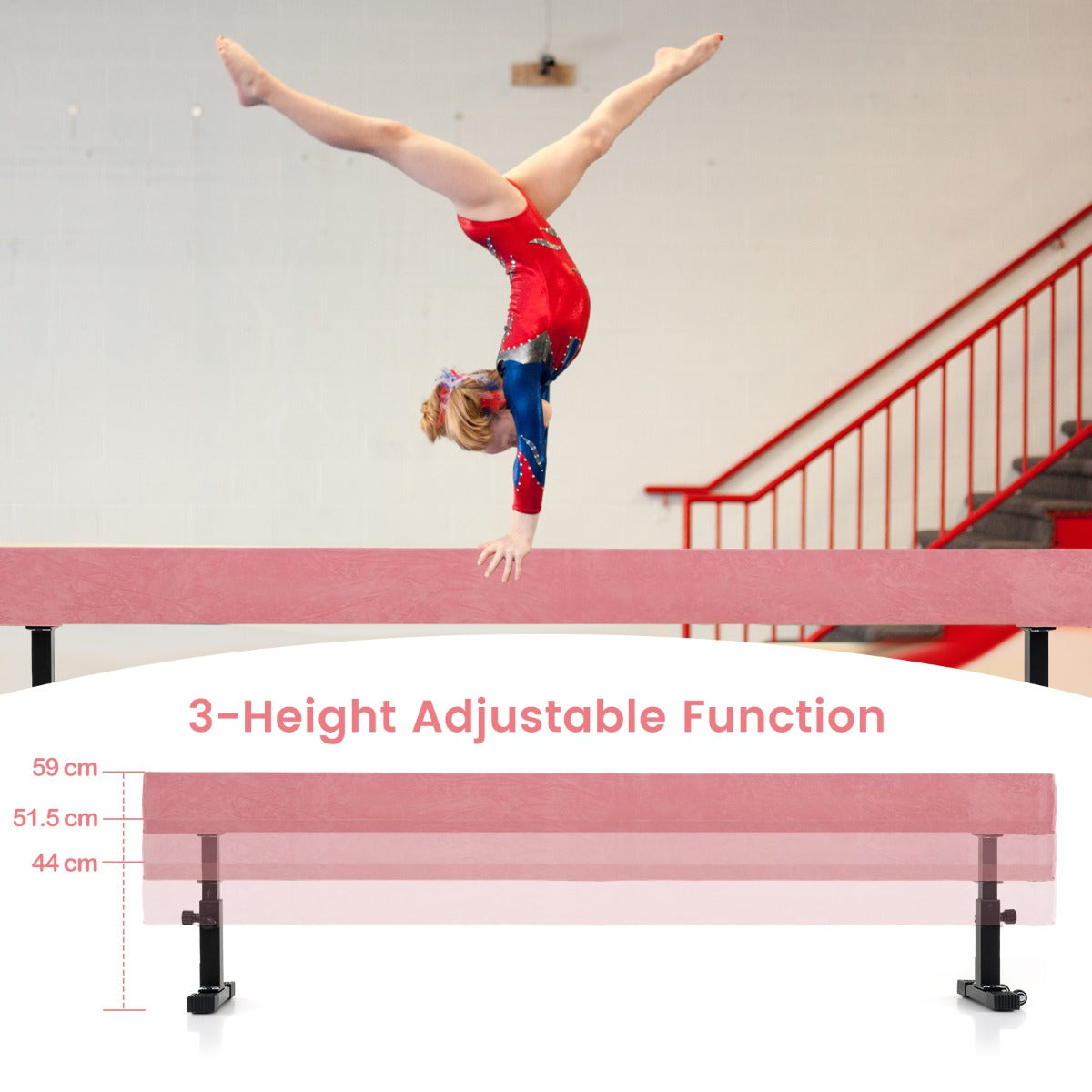 Livsk costway verstelbare evenwichtsbalk 226 cm hoge en lage gymnastiekbalk met 3 hoogtes roze 3