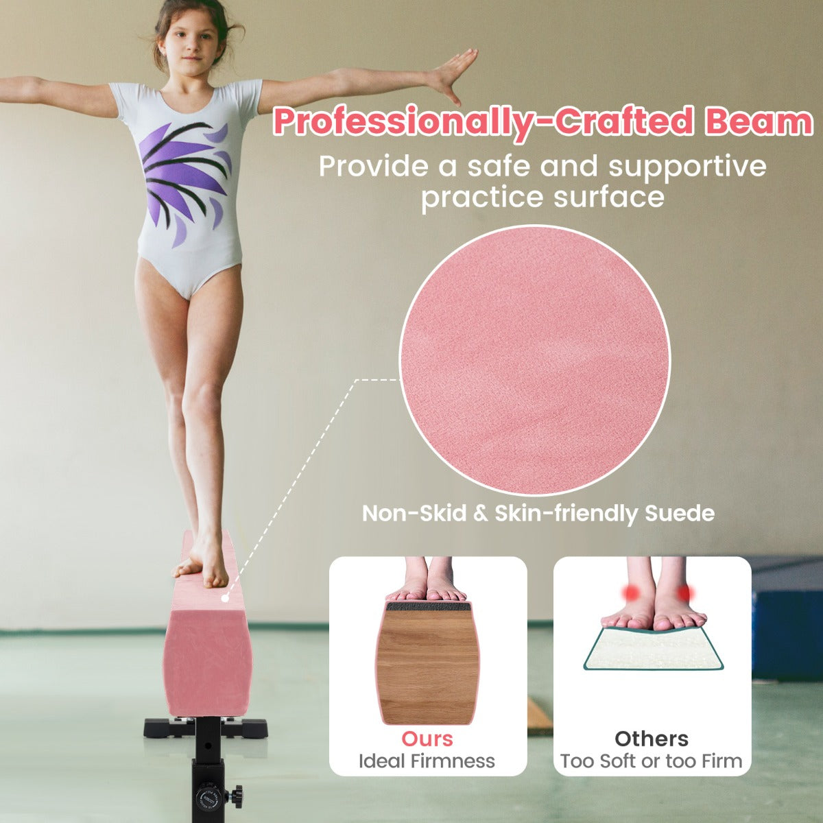 Livsk costway verstelbare evenwichtsbalk 226 cm hoge en lage gymnastiekbalk met 3 hoogtes roze 4