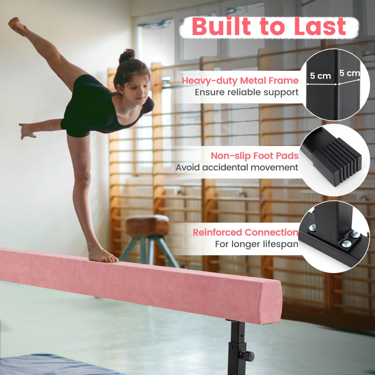 Livsk costway verstelbare evenwichtsbalk 226 cm hoge en lage gymnastiekbalk met 3 hoogtes roze 6