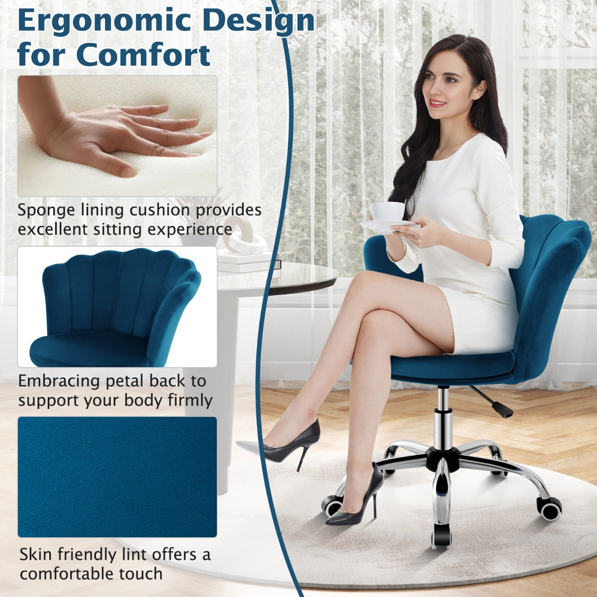 LIVSK Kapfauteuil - Ergonomische Schelpenrug - Verstelbare Zithoogte - 360° Draaibaar - Tot 150 kg - Blauw