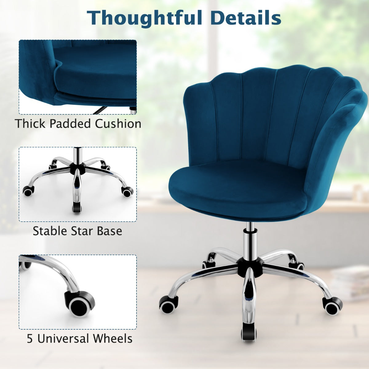 LIVSK Kapfauteuil - Ergonomische Schelpenrug - Verstelbare Zithoogte - 360° Draaibaar - Tot 150 kg - Blauw