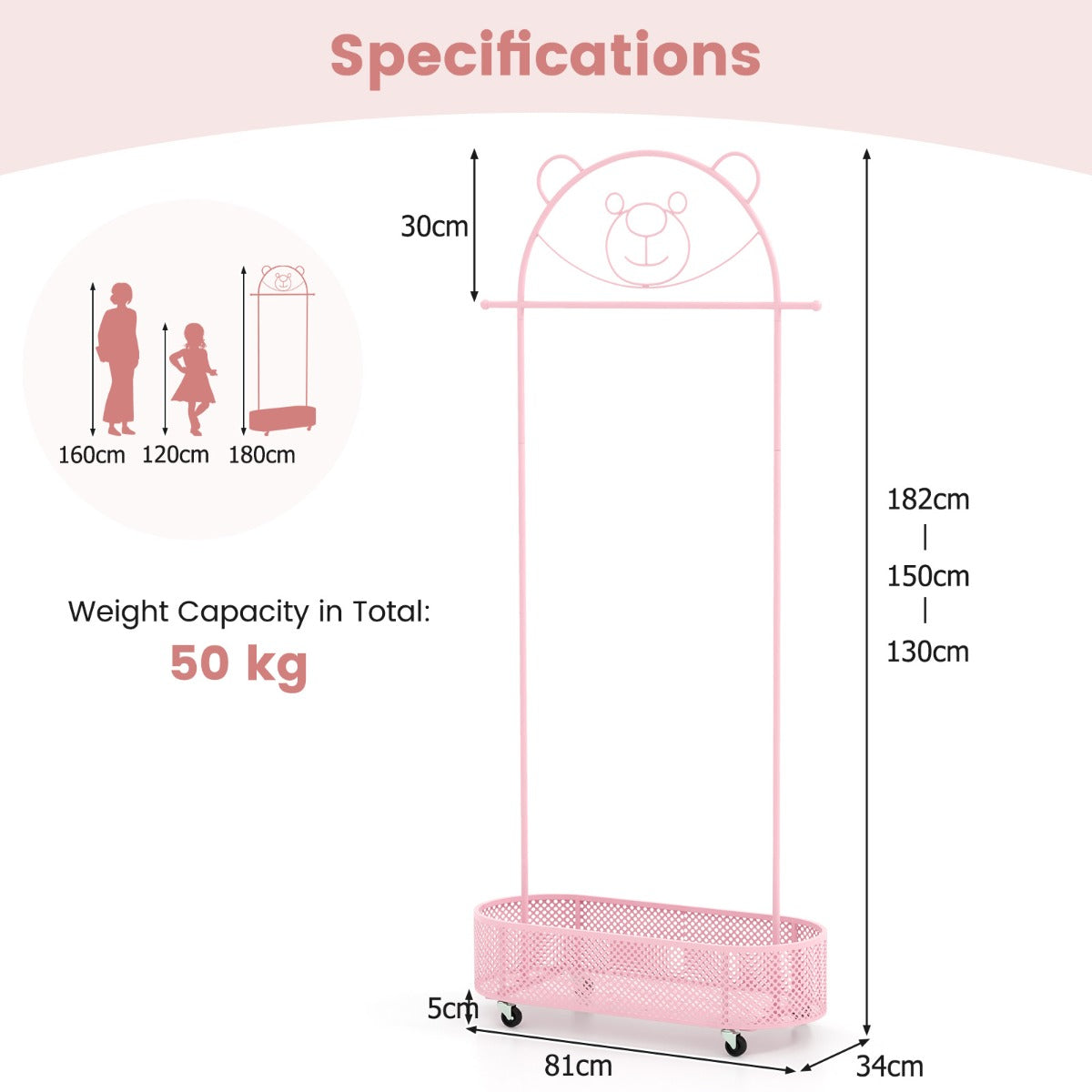 LIVSK Verstelbare Kinder Kledingstandaard - Op Wielen - Hoogte 100/120/152 cm - Duurzaam Metaal - Schattig Ontwerp - Wit/Roze