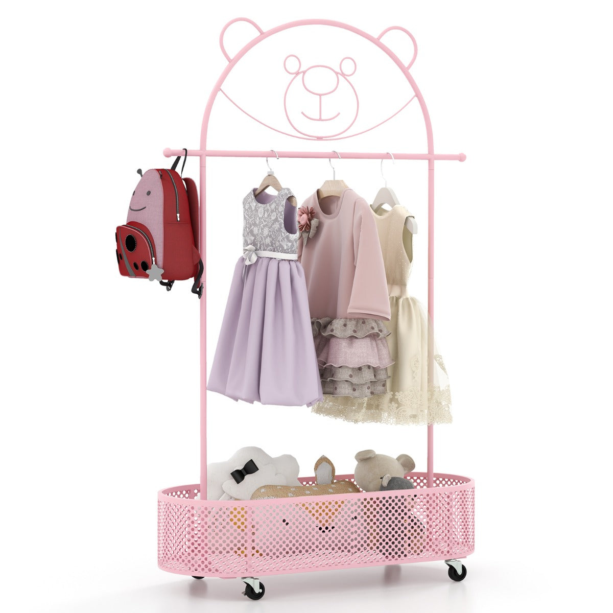 LIVSK Verstelbare Kinder Kledingstandaard - Op Wielen - Hoogte 100/120/152 cm - Duurzaam Metaal - Schattig Ontwerp - Wit/Roze