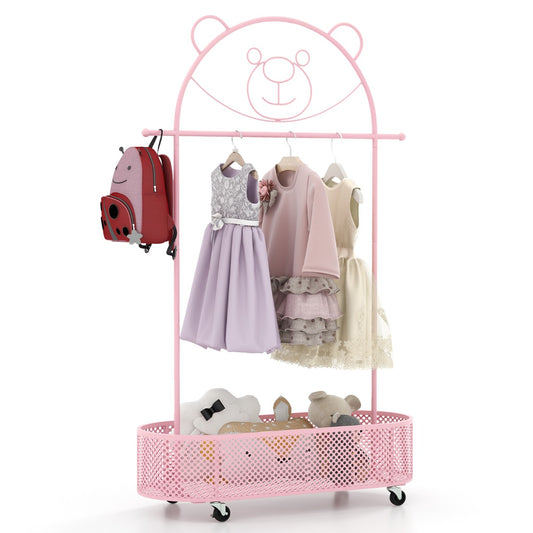 LIVSK Verstelbare Kinder Kledingstandaard - Op Wielen - Hoogte 100/120/152 cm - Duurzaam Metaal - Schattig Ontwerp - Wit/Roze