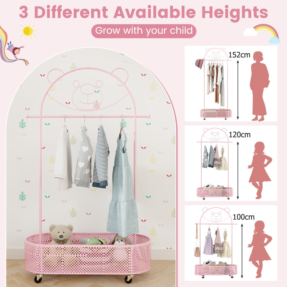 LIVSK Verstelbare Kinder Kledingstandaard - Op Wielen - Hoogte 100/120/152 cm - Duurzaam Metaal - Schattig Ontwerp - Wit/Roze