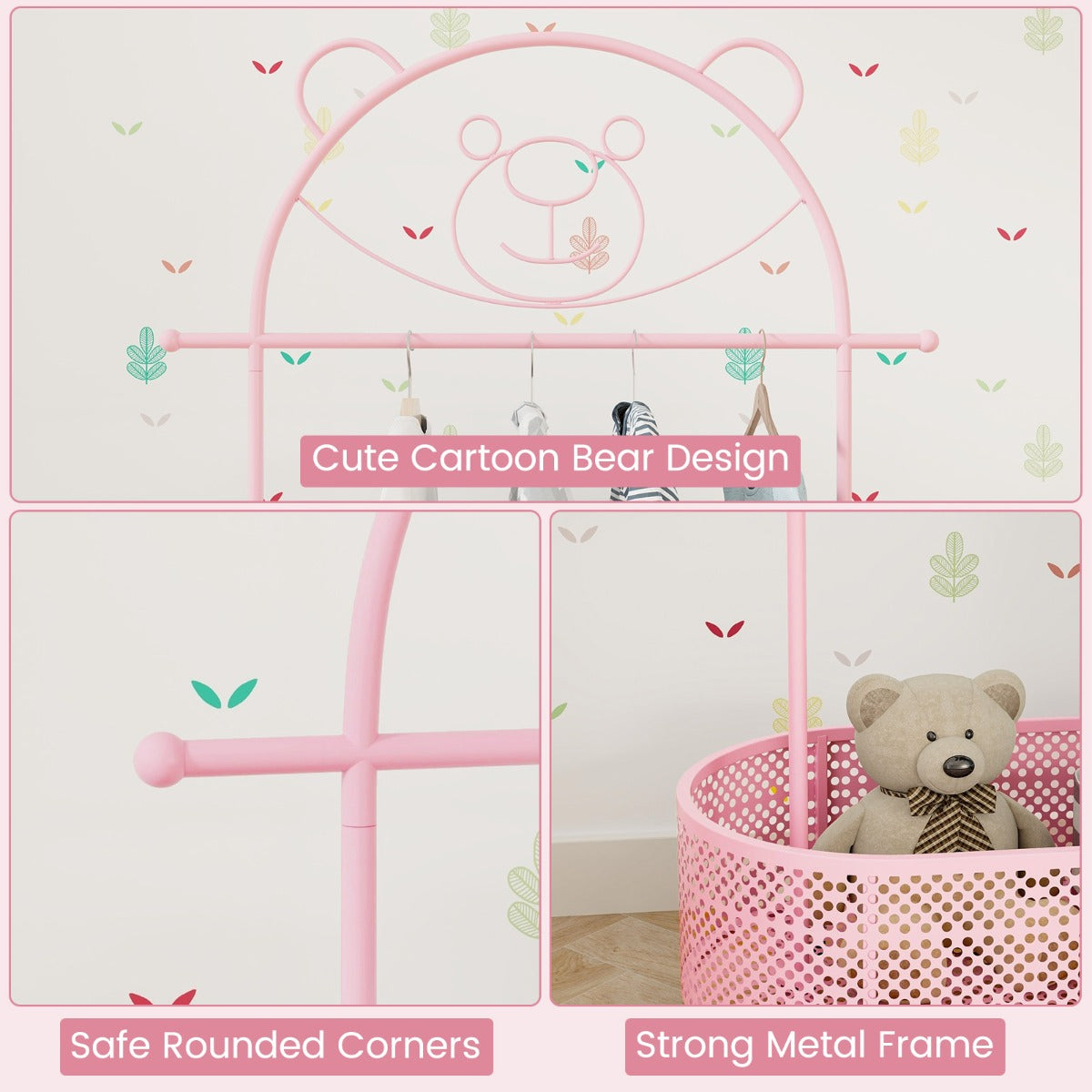 LIVSK Verstelbare Kinder Kledingstandaard - Op Wielen - Hoogte 100/120/152 cm - Duurzaam Metaal - Schattig Ontwerp - Wit/Roze
