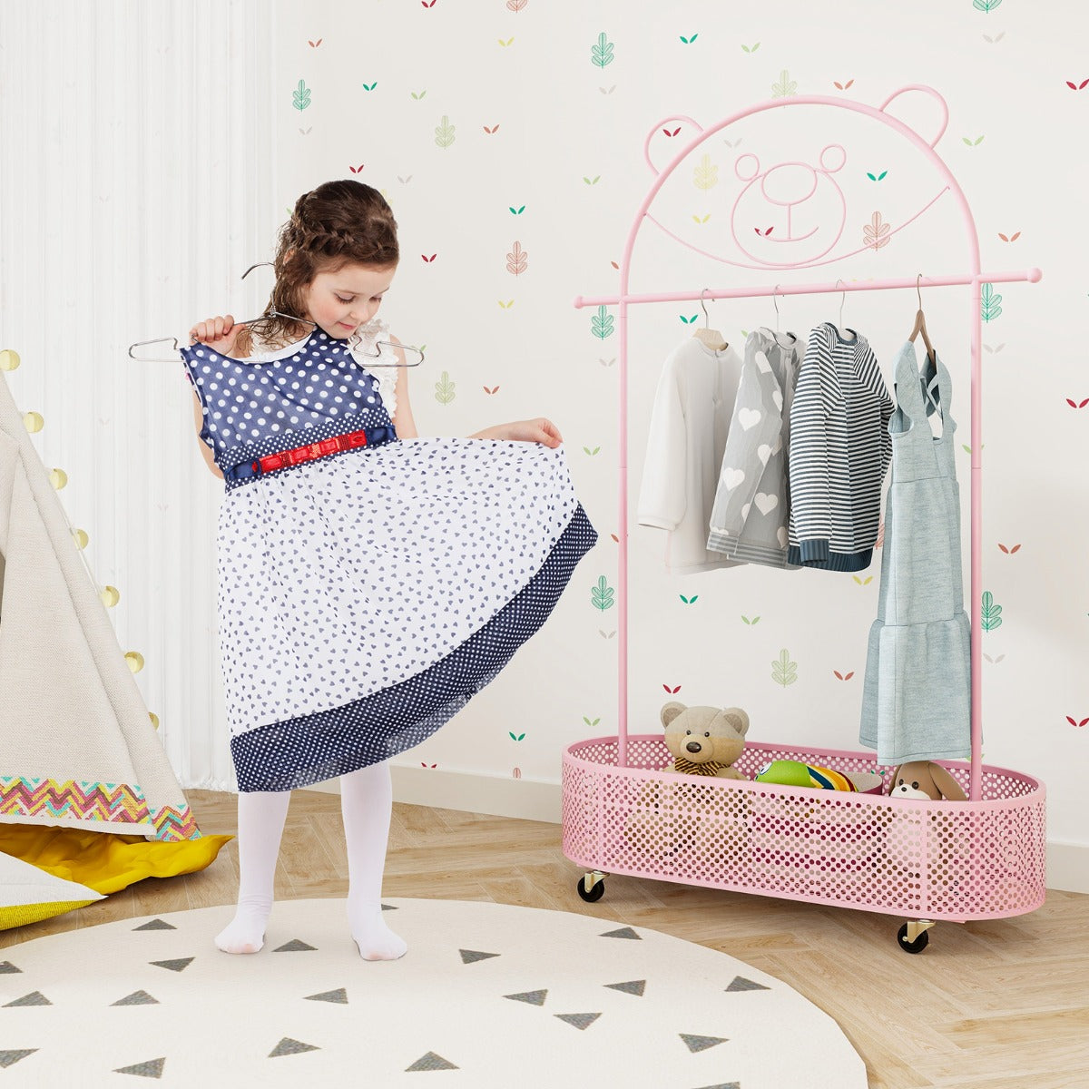 LIVSK Verstelbare Kinder Kledingstandaard - Op Wielen - Hoogte 100/120/152 cm - Duurzaam Metaal - Schattig Ontwerp - Wit/Roze
