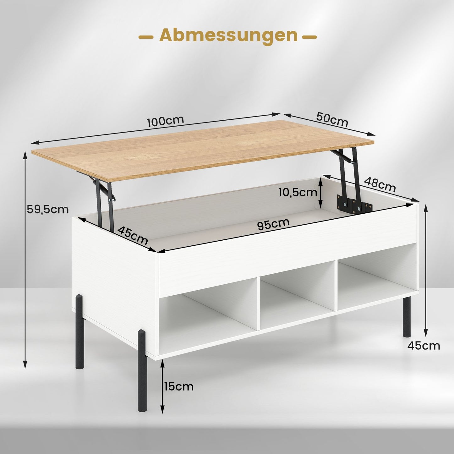 LIVSK Salontafel met Verstelbaar Blad - Pneumatisch Hefmechanisme - 3 Open Vakken - Duurzaam - 100 x 50 x 45 cm - Wit