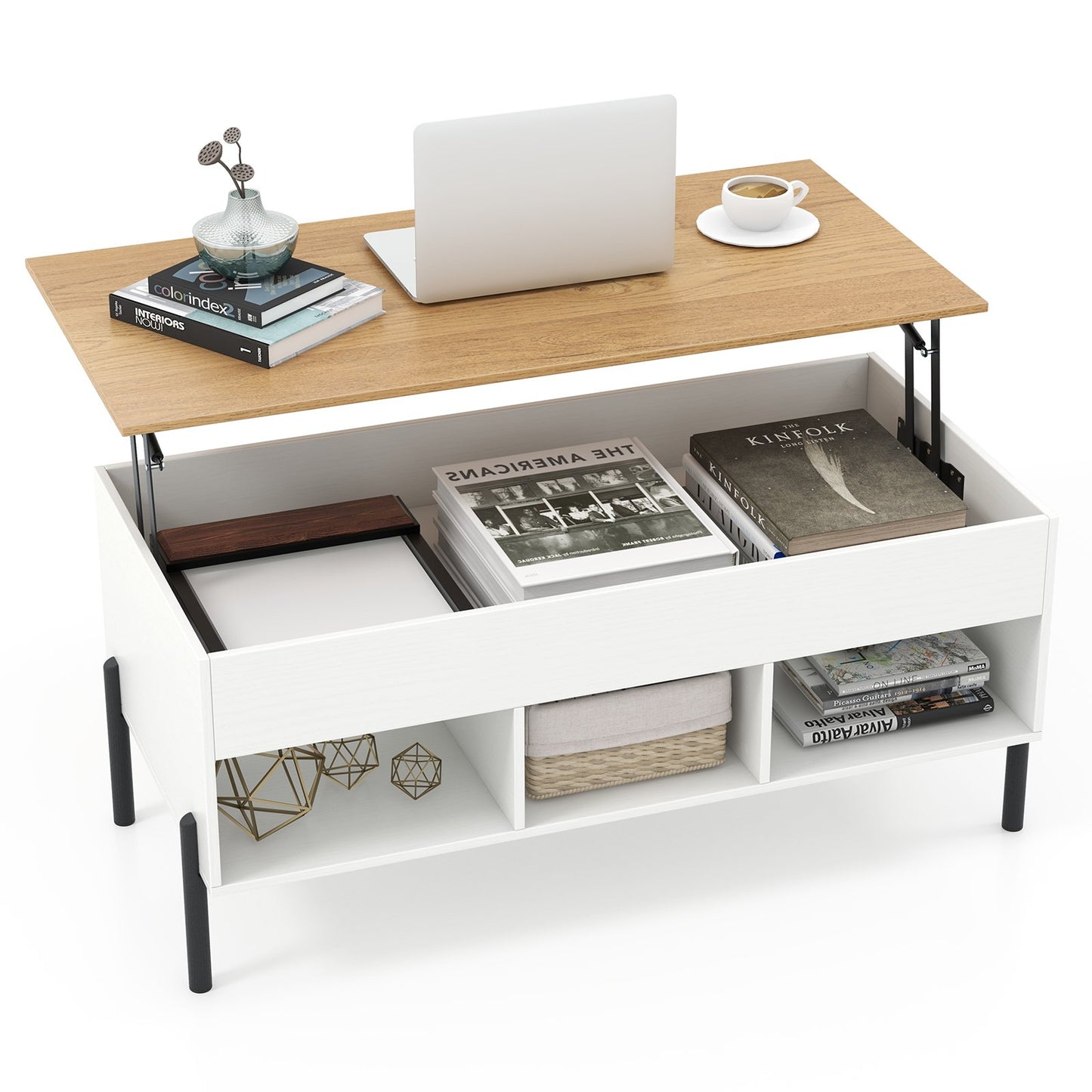 LIVSK Salontafel met Verstelbaar Blad - Pneumatisch Hefmechanisme - 3 Open Vakken - Duurzaam - 100 x 50 x 45 cm - Wit