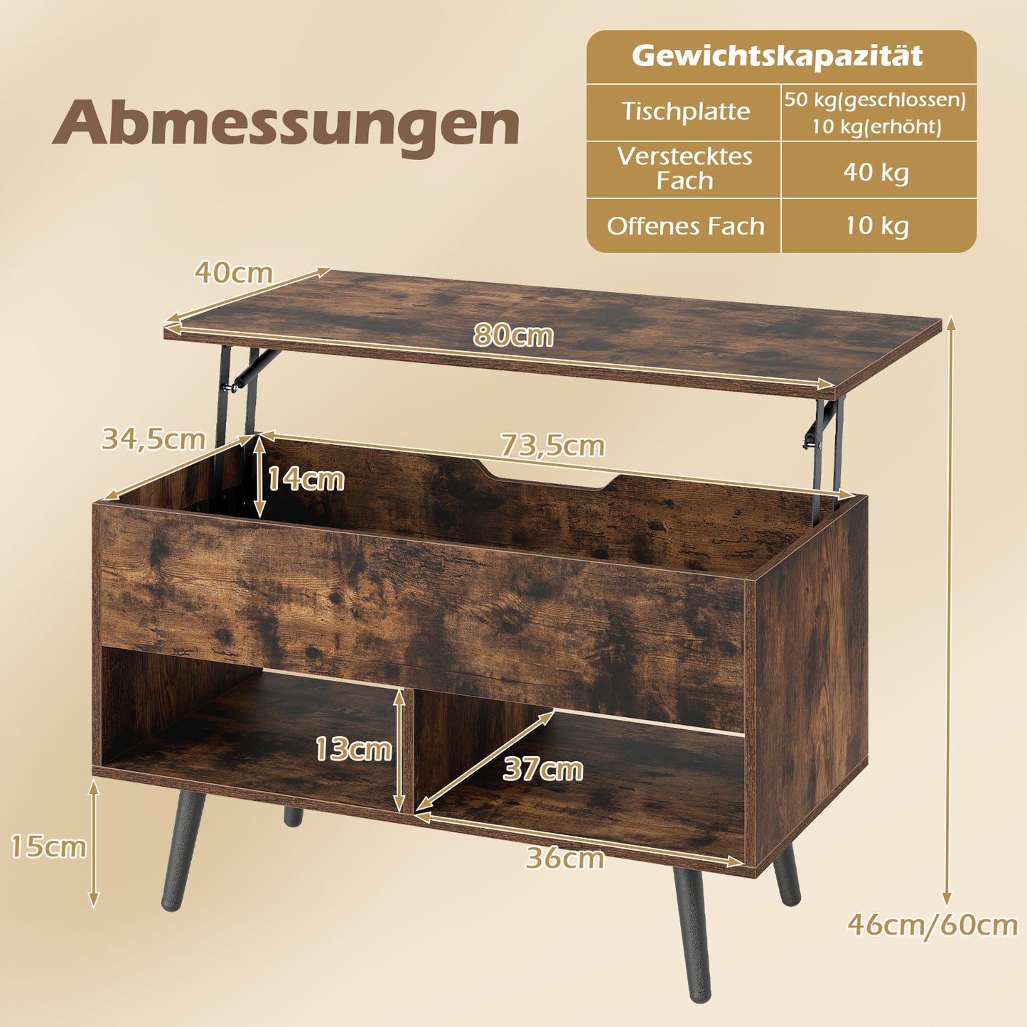 LIVSK Verstelbare Salontafel - Opklapbaar Tafelblad met Gasdrukveer - 2 Open Planken - Stevige Constructie - Rustiek Bruin