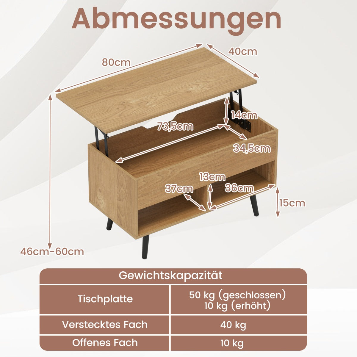 LIVSK Moderne Salontafel - Opklapbaar Tafelblad met Gasveer - 2 Open Planken - Ruime Opbergruimte - 80 x 40 x 44,5 cm - Natuurlijk