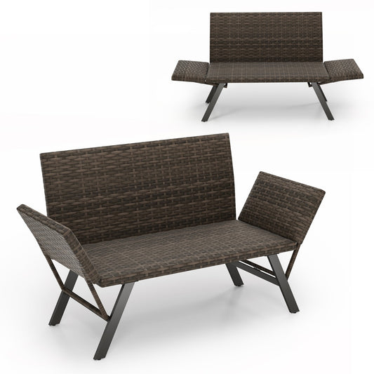 LIVSK Converteerbare Patio Loveseat - Verstelbare Armleuningen - Sneldrogend Schuim - Tot 300 kg - Handgeweven Rotan - Grijs