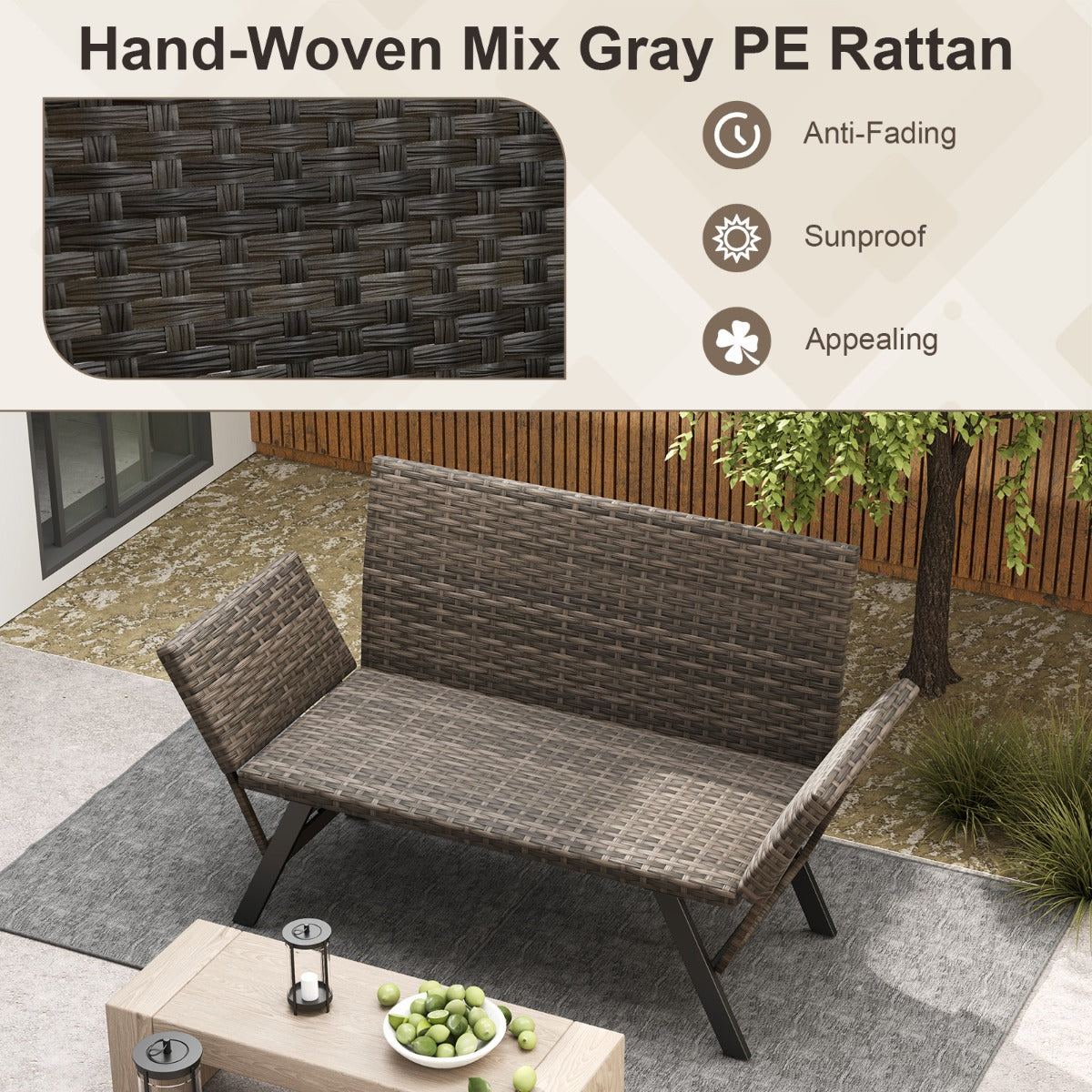 LIVSK Converteerbare Patio Loveseat - Verstelbare Armleuningen - Sneldrogend Schuim - Tot 300 kg - Handgeweven Rotan - Grijs