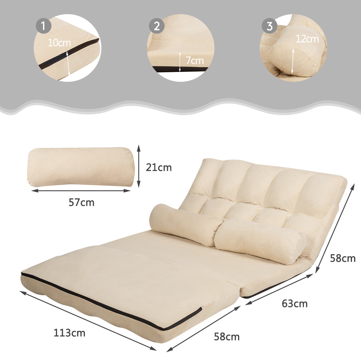 LIVSK Verstelbare Opvouwbare Vloerbank - 6 Posities - Duurzaam Stalen Frame - Comfortabel Suède - Tot 150 kg - Beige