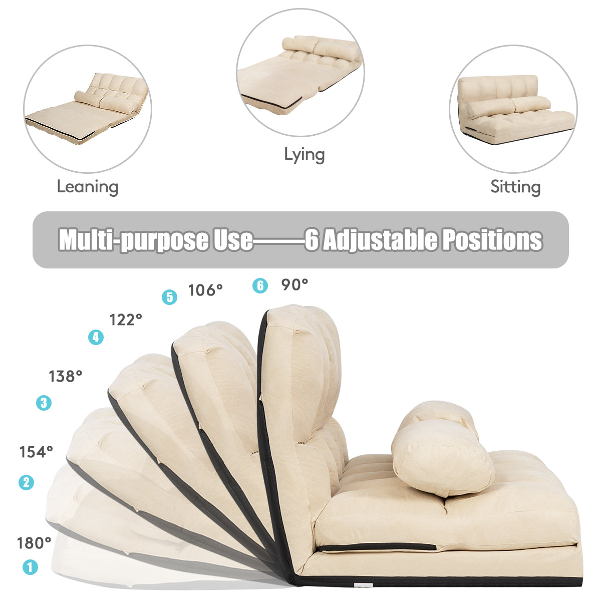 LIVSK Verstelbare Opvouwbare Vloerbank - 6 Posities - Duurzaam Stalen Frame - Comfortabel Suède - Tot 150 kg - Beige