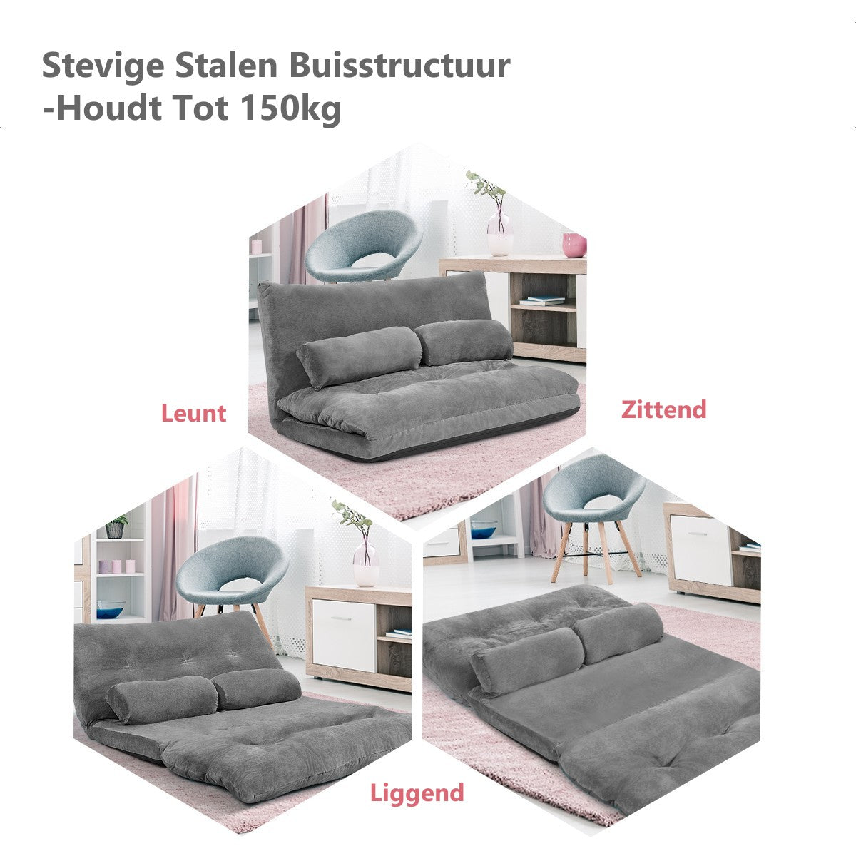 LIVSK Multifunctionele Vloersofa - 6-voudig Verstelbaar - Hoogwaardig Metalen Frame - Tot 150 kg - Opvouwbaar - Grijs