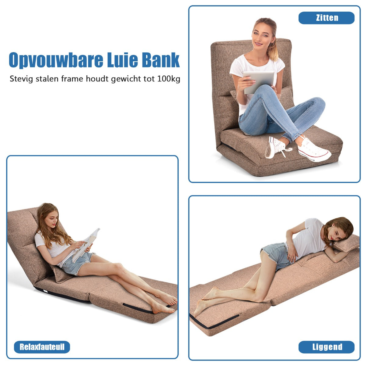 LIVSK Verstelbare Relaxfauteuil - Opvouwbaar - Ergonomisch - Verdikt Kussen - Voor Lezen en Gamen - Koffie