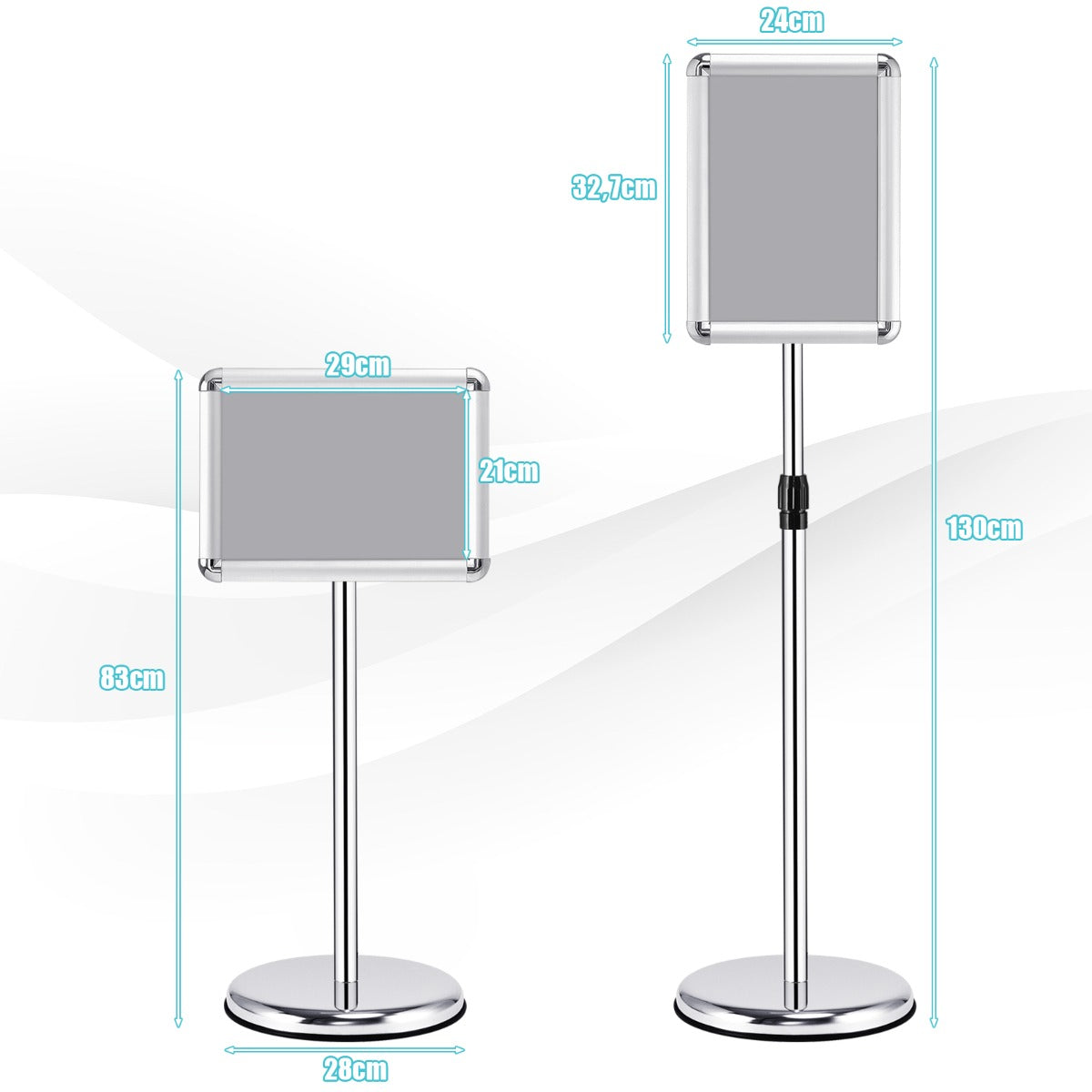 LIVSK Telescopisch Stoepbord - Verstelbare Kliklijst - Stevige Ronde Voet - Hoogte 83-130 cm - Voor Binnen en Buiten - Zilver