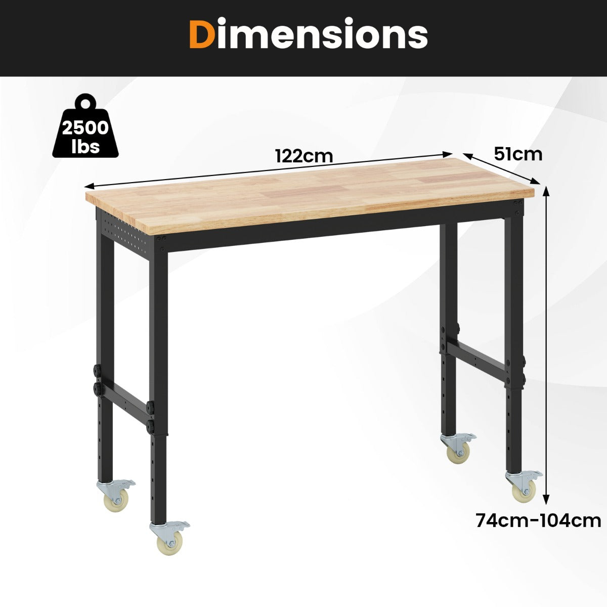 LIVSK Zware Rolwerkbank met Wielen - 1100 kg Draagvermogen - Verstelbaar van 74 tot 104 cm - Rubberhouten Blad - Natuurlijk en