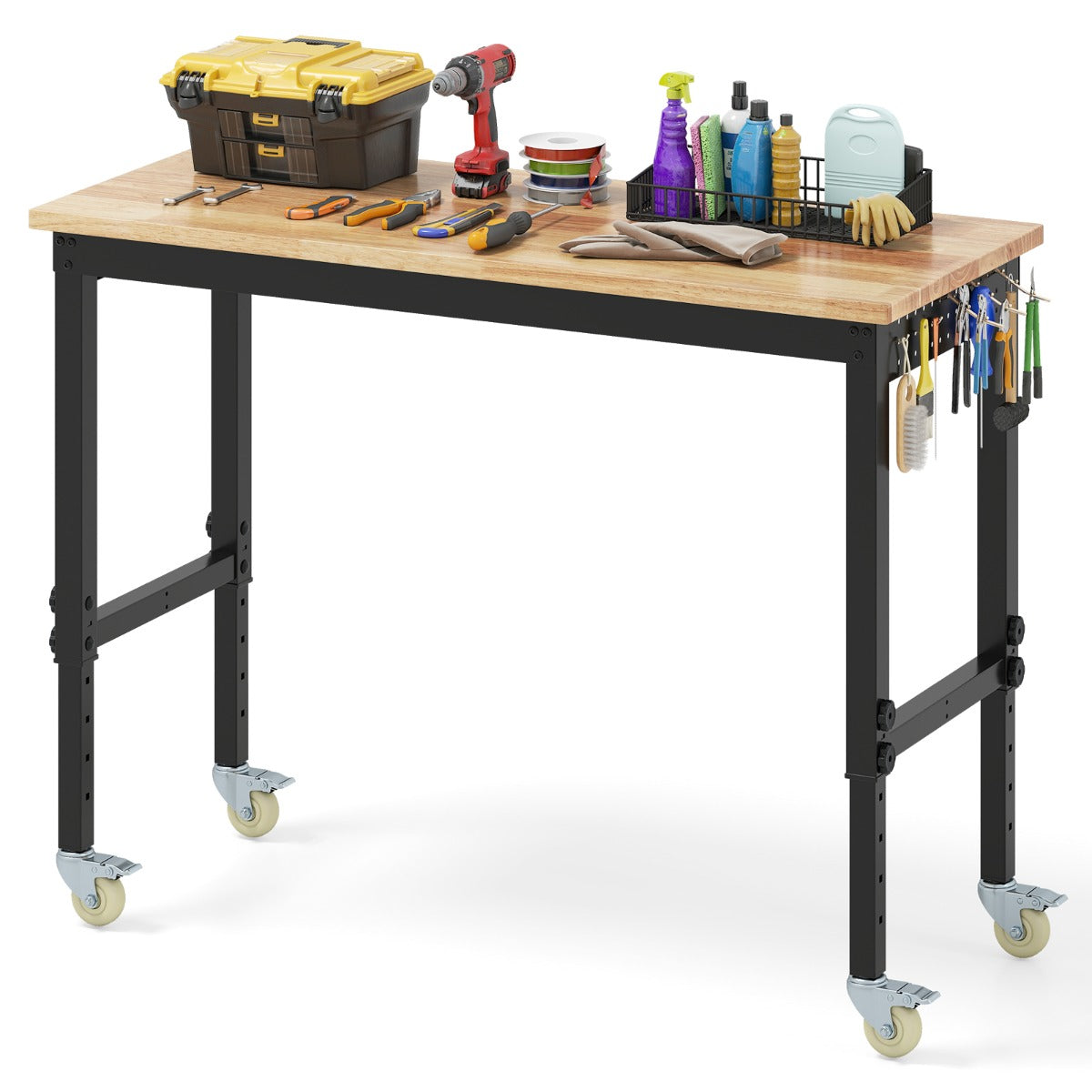 LIVSK Zware Rolwerkbank met Wielen - 1100 kg Draagvermogen - Verstelbaar van 74 tot 104 cm - Rubberhouten Blad - Natuurlijk en