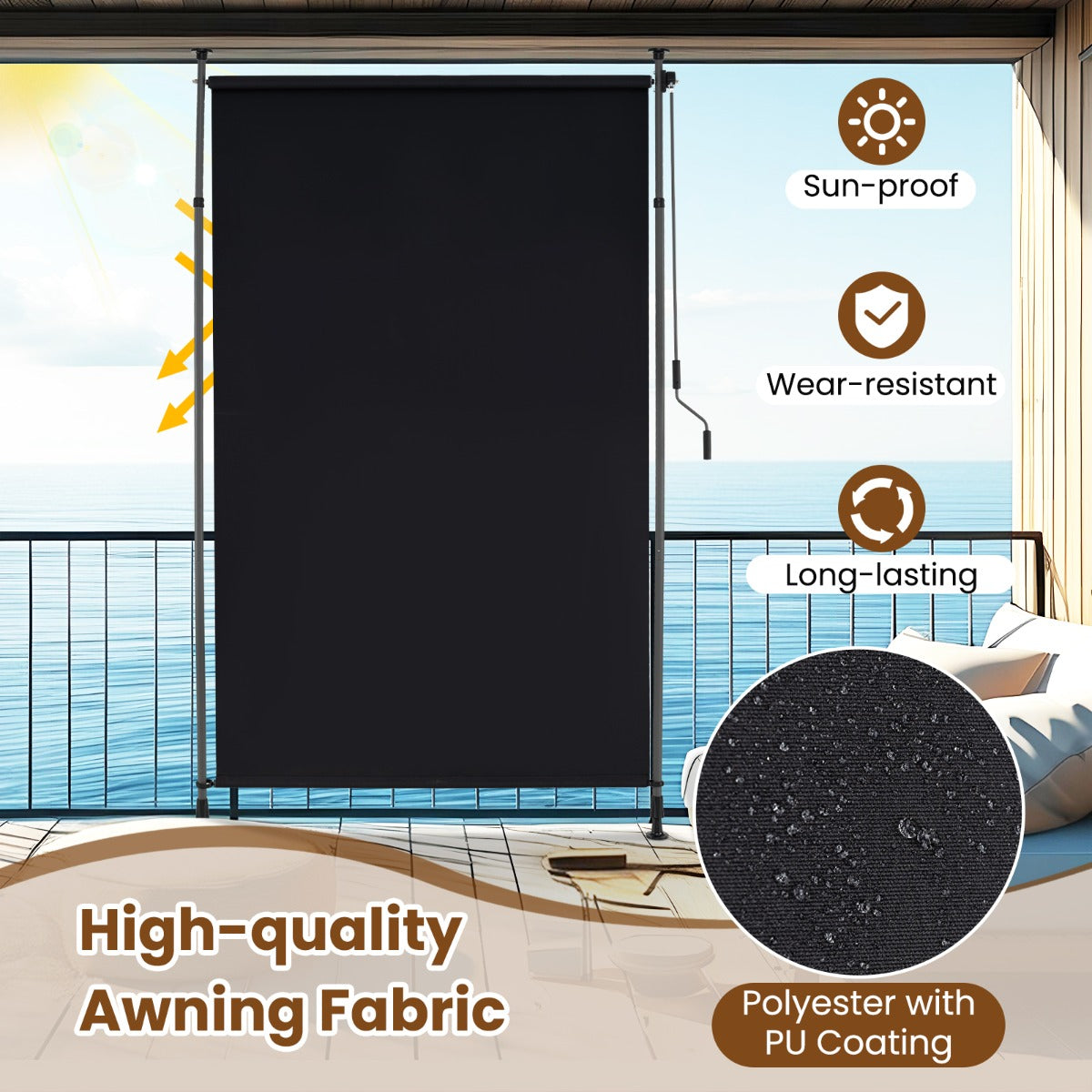 LIVSK Verticaal Uittrekbaar Zonnescherm - UV-bestendig Polyester - In Hoogte Verstelbaar - Antislip Pads - 150 x 220–310 cm -