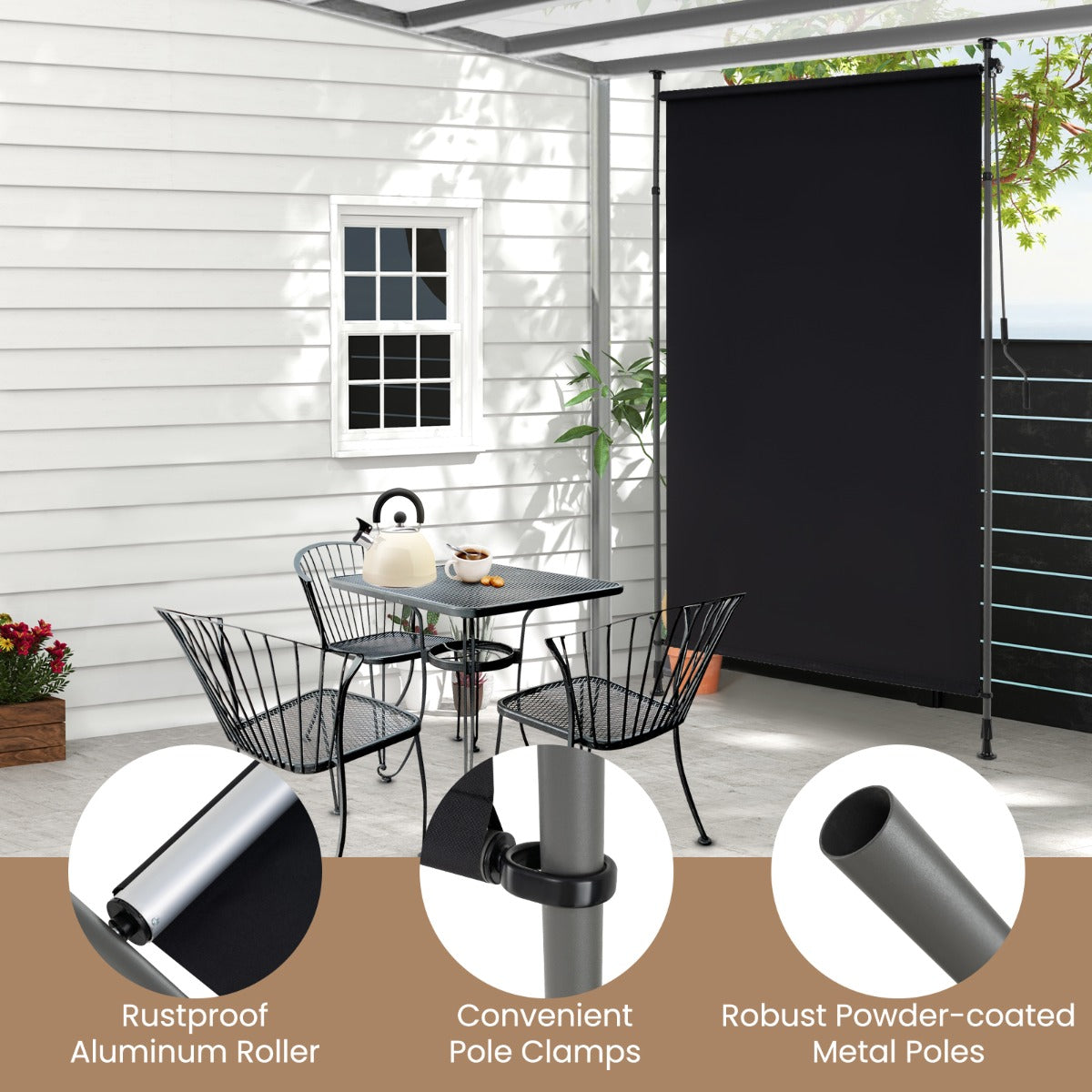 LIVSK Verticaal Uittrekbaar Zonnescherm - UV-bestendig Polyester - In Hoogte Verstelbaar - Antislip Pads - 150 x 220–310 cm -