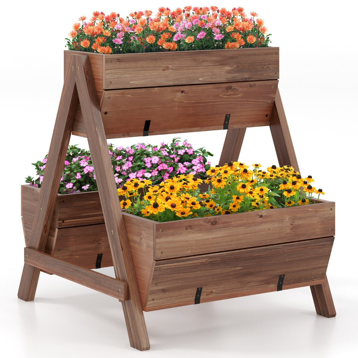 LIVSK Verticale Verhoogde Plantenbak - 3 Houten Plantenbakken - Waterdichte Verf - A-vormig Frame - 66 x 73 x 73 cm - Bruin