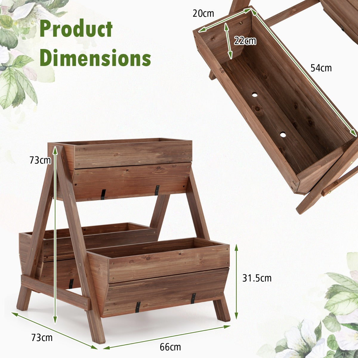 LIVSK Verticale Verhoogde Plantenbak - 3 Houten Plantenbakken - Waterdichte Verf - A-vormig Frame - 66 x 73 x 73 cm - Bruin