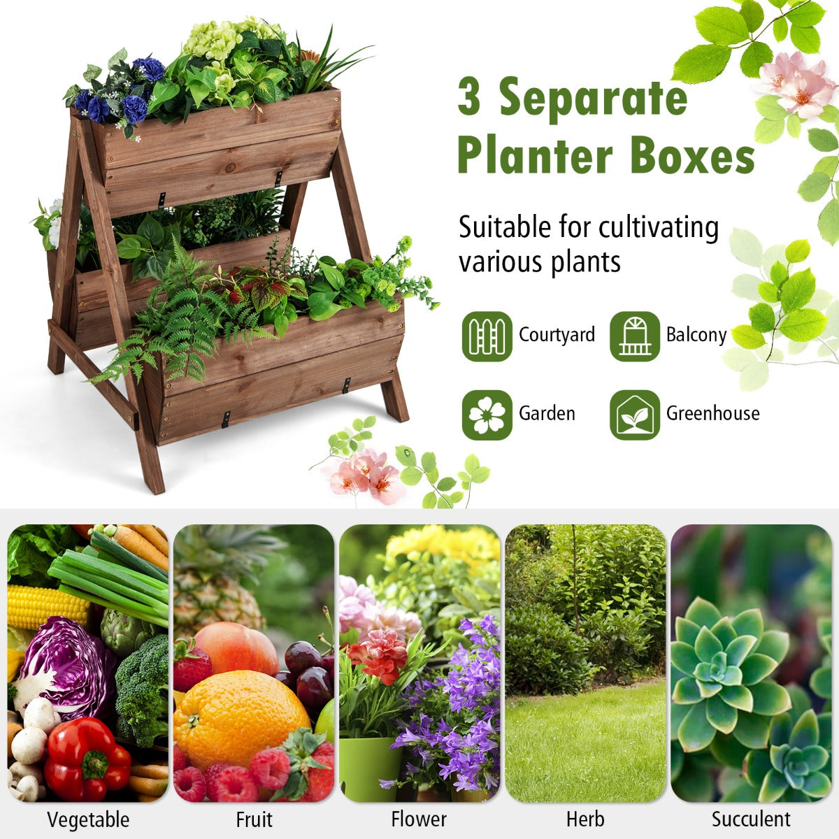 LIVSK Verticale Verhoogde Plantenbak - 3 Houten Plantenbakken - Waterdichte Verf - A-vormig Frame - 66 x 73 x 73 cm - Bruin