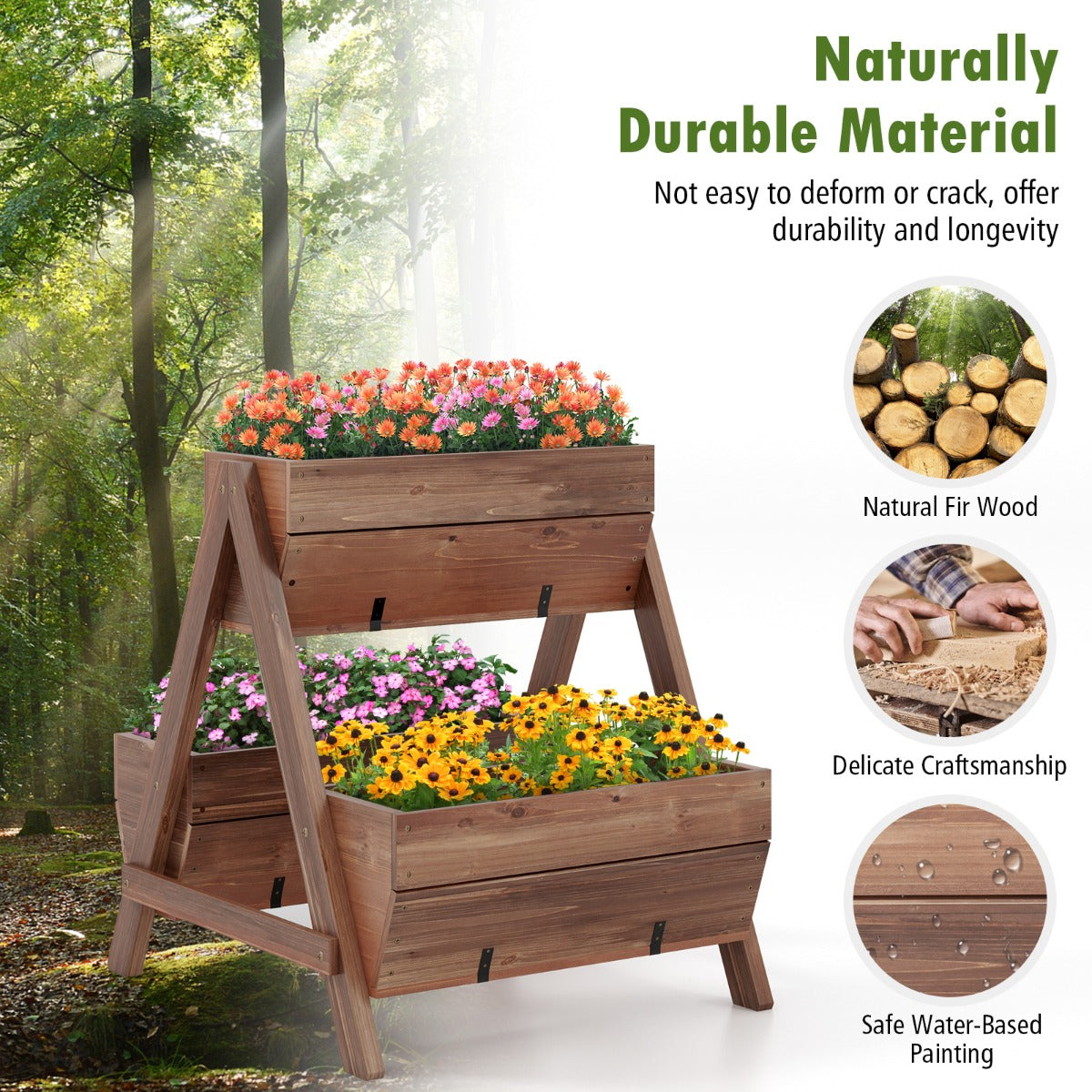LIVSK Verticale Verhoogde Plantenbak - 3 Houten Plantenbakken - Waterdichte Verf - A-vormig Frame - 66 x 73 x 73 cm - Bruin
