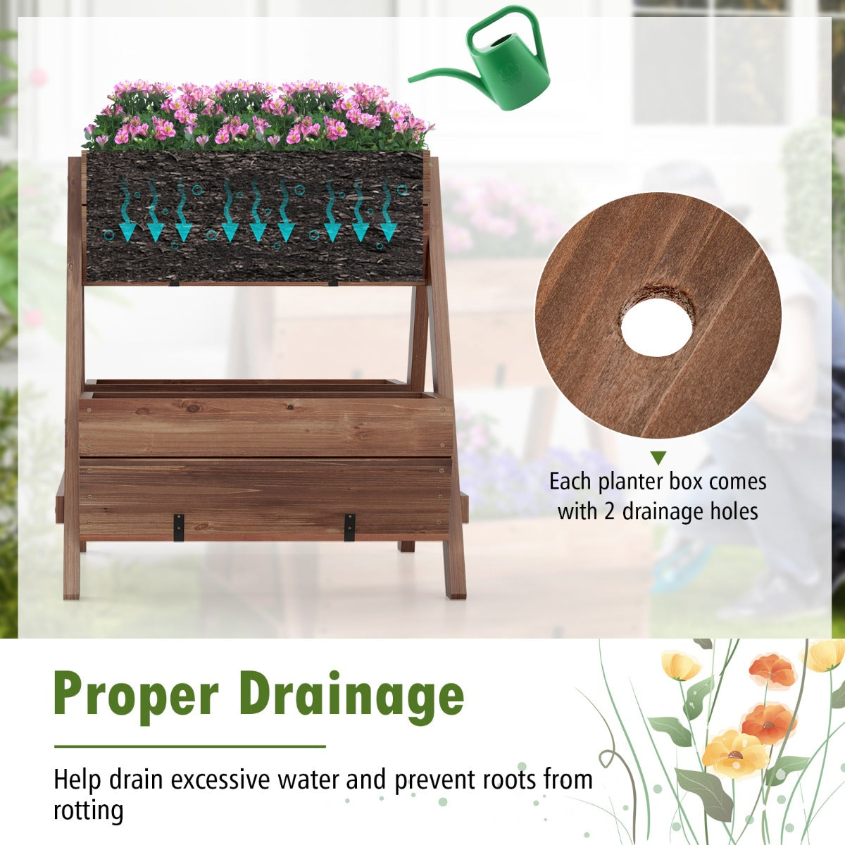 LIVSK Verticale Verhoogde Plantenbak - 3 Houten Plantenbakken - Waterdichte Verf - A-vormig Frame - 66 x 73 x 73 cm - Bruin